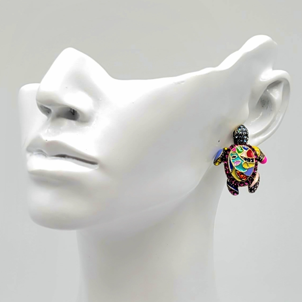 Heidi Daus Multicolor Swarovski Crystal and Enamel Mosaic Turtle Stud Earrings